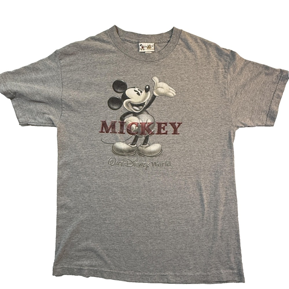 Vintage Disney Mickey Mouse Y2K TShirt Men L‎ Gray Embroidered Walt Disney 90s